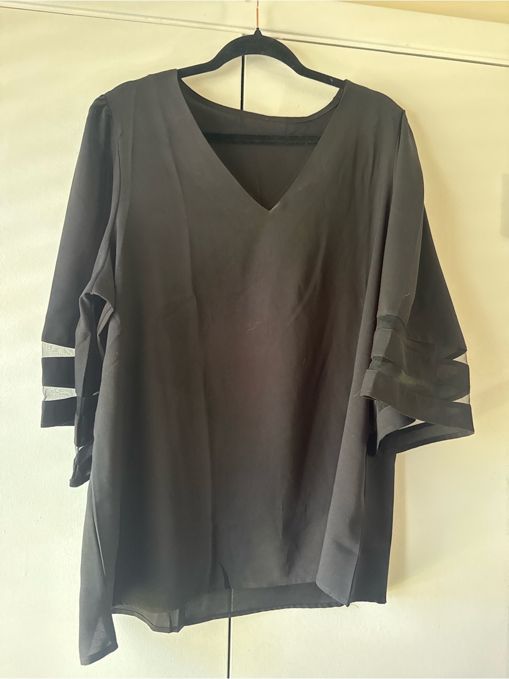 Women's Black V-Neck Bell Sleeve Top With Mesh Sleeve Detailing